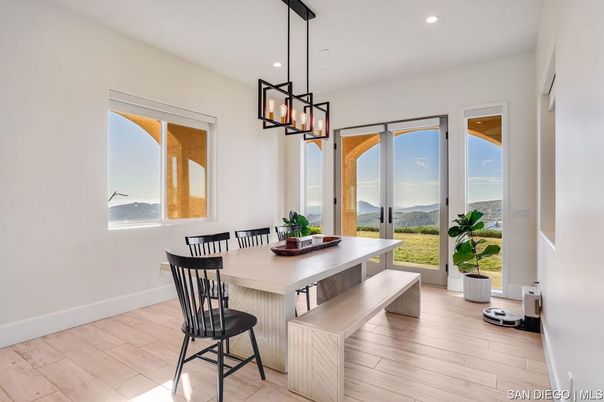 Dining room, Interior, Pendant Lights, Recessed Lighting, Wood Texture Flooring