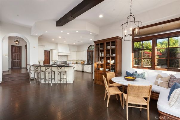 Dining room, Interior, Kitchen, Pendant Lights, Recessed Lighting, Wooden Beams, Wood Texture Flooring