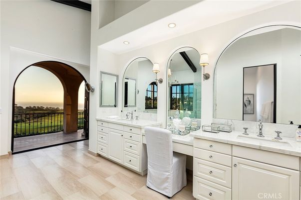 Bathroom, Dual Sink Vanities, Interior, Recessed Lighting, Wood Texture Flooring