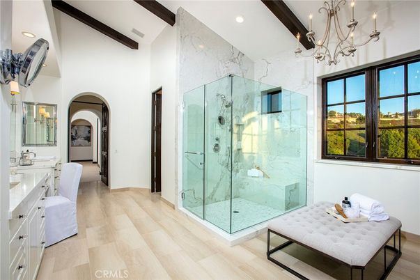 Bathroom, Chandelier, Glass Shower, Interior, Marble Walls, Recessed Lighting, Wooden Beams, Wood Texture Flooring