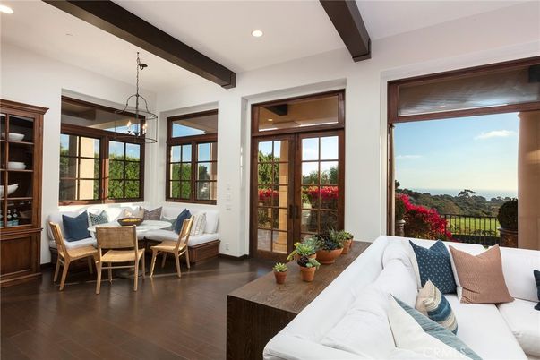 Dining room, Interior, Living room, Pendant Lights, Recessed Lighting, Water, Wooden Beams, Wood Texture Flooring
