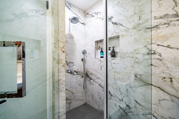 Bathroom, Glass Shower, Interior, Marble Walls