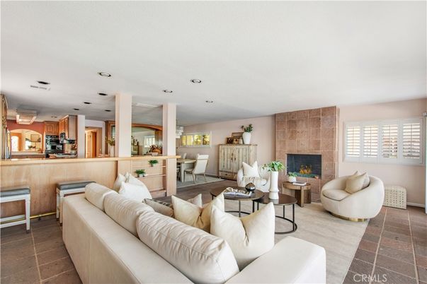 Dining room, Fireplace, Interior, Kitchen, Living room, Recessed Lighting, Stainless Steel Appliances, Stone Walls
