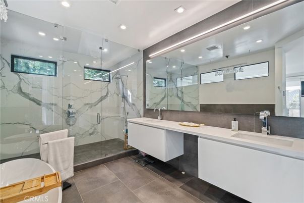 Bathroom, Glass Shower, Interior, Marble Walls, Recessed Lighting