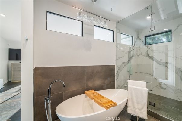 Bathroom, Free Standing Baths, Glass Shower, Interior, Marble Walls, Recessed Lighting