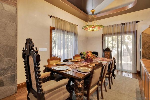 Dining room, Interior, Pendant Lights, Wood Texture Flooring