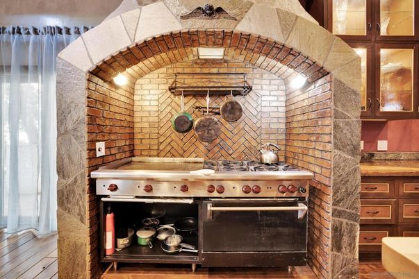 Interior, Kitchen, Stainless Steel Appliances, Stone Walls, Wood Texture Flooring
