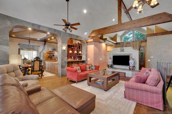 Dining room, Interior, Living room, Recessed Lighting, Stone Walls, Wooden Beams, Wood Texture Flooring