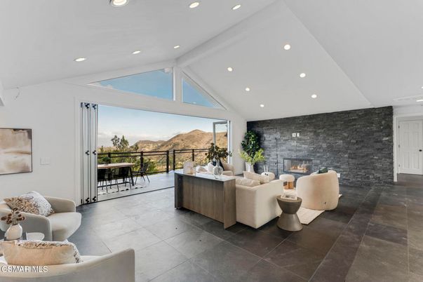 Fireplace, Interior, Living room, Recessed Lighting, Stone Walls
