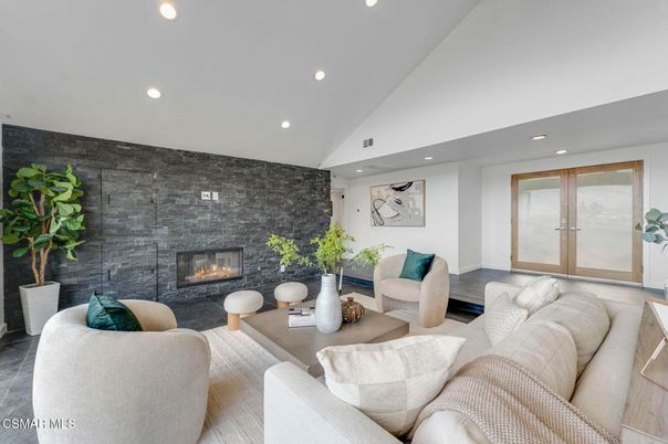 Fireplace, Interior, Living room, Recessed Lighting, Stone Walls