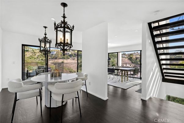 Chandelier, Dining room, Interior, Pendant Lights, Recessed Lighting, Wood Texture Flooring