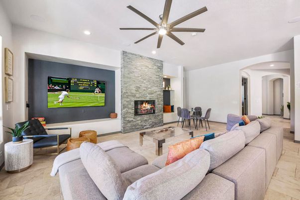 Dining room, Fireplace, Interior, Living room, Recessed Lighting, Stone Walls