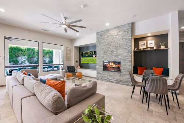 Dining room, Fireplace, Interior, Living room, Recessed Lighting, Stone Walls