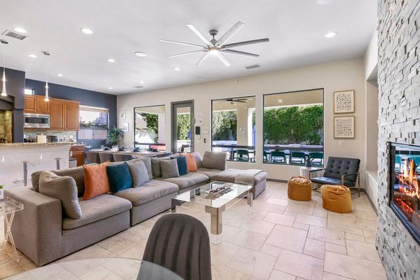 Fireplace, Interior, Kitchen, Living room, Pendant Lights, Recessed Lighting, Stone Walls