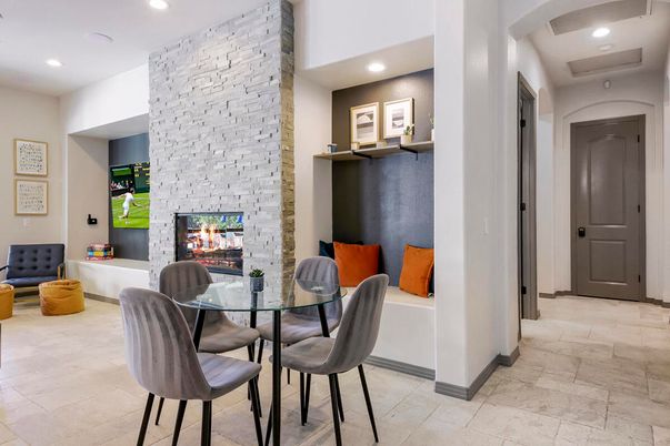 Dining room, Fireplace, Interior, Recessed Lighting, Stone Walls