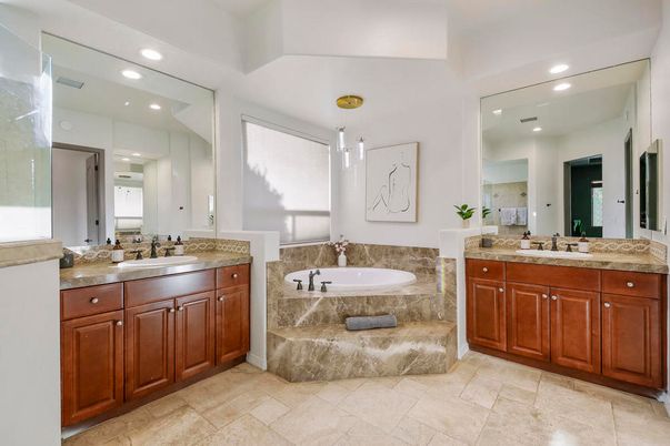 Bathroom, Dual Sink Vanities, Interior, Pendant Lights, Recessed Lighting