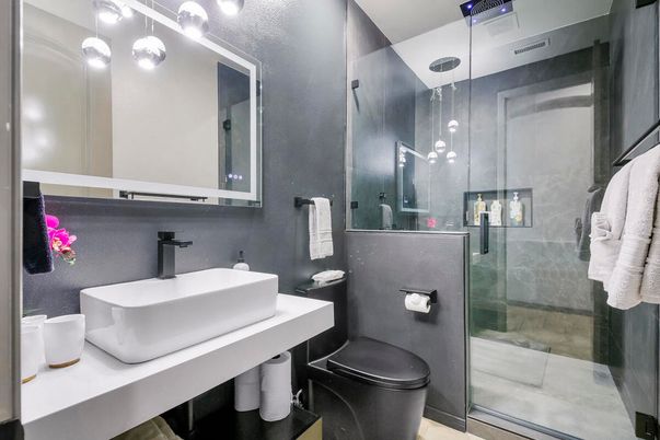 Bathroom, Glass Shower, Interior, Pendant Lights