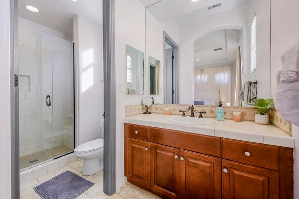 Bathroom, Glass Shower, Interior, Recessed Lighting, Tile Countertops