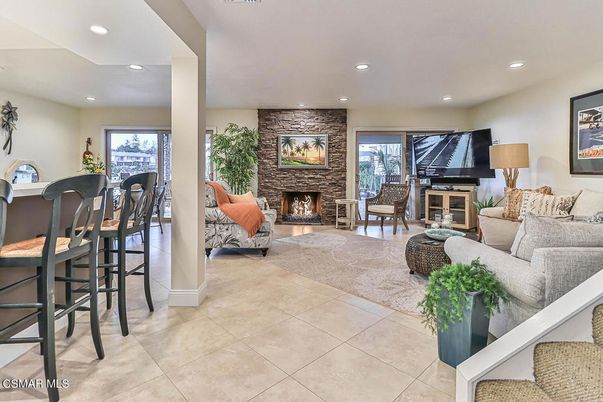 Fireplace, Interior, Living room, Recessed Lighting, Stone Walls
