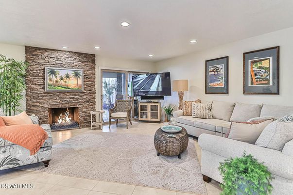 Fireplace, Interior, Living room, Recessed Lighting, Stone Walls
