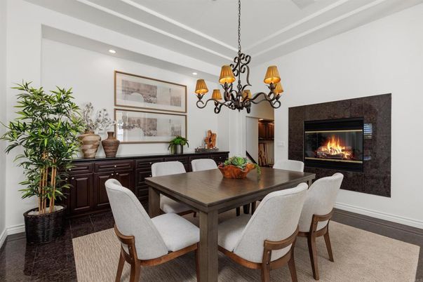 Chandelier, Dining room, Fireplace, Interior, Recessed Lighting