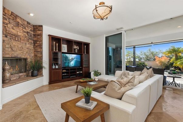 Fireplace, Interior, Living room, Recessed Lighting, Stone Walls