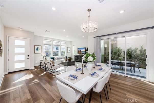 Chandelier, Dining room, Interior, Living room, Recessed Lighting, Wood Texture Flooring