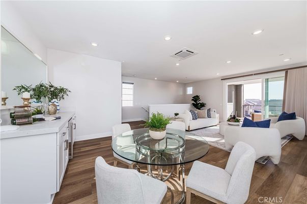 Dining room, Interior, Living room, Recessed Lighting, Wood Texture Flooring