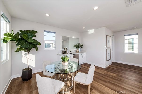 Dining room, Interior, Recessed Lighting, Wood Texture Flooring