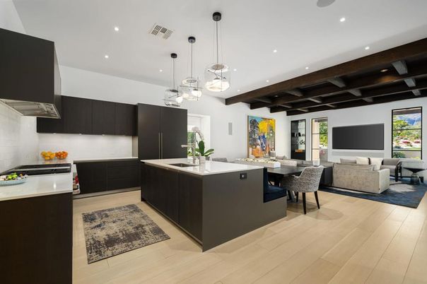 Interior, Kitchen, Living room, Pendant Lights, Recessed Lighting, Stainless Steel Appliances, Wooden Beams, Wood Texture Flooring