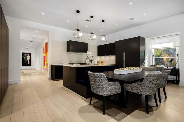 Dining room, Interior, Kitchen, Pendant Lights, Recessed Lighting, Stainless Steel Appliances, Wood Texture Flooring