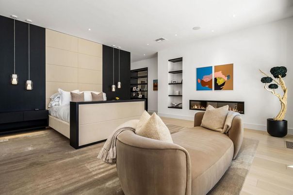 Bedroom, Fireplace, Interior, Pendant Lights, Recessed Lighting, Wood Texture Flooring