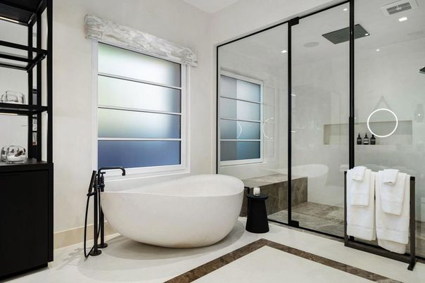 Bathroom, Free Standing Baths, Glass Shower, Interior, Recessed Lighting