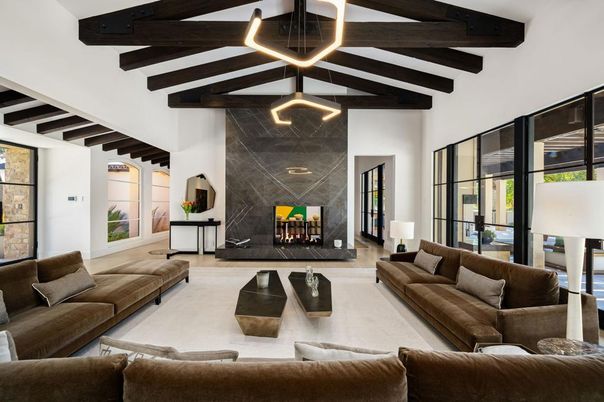 Fireplace, Interior, Living room, Pendant Lights, Wooden Beams