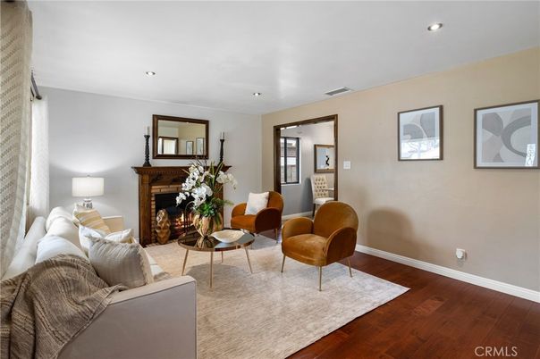Fireplace, Interior, Living room, Recessed Lighting, Wood Texture Flooring