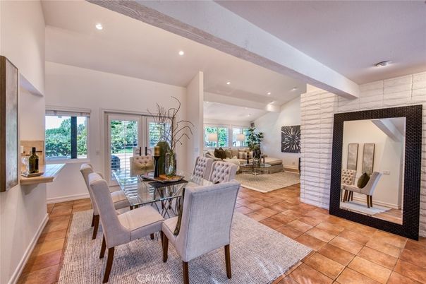 Dining room, Interior, Living room, Recessed Lighting, Stone Walls, Wooden Beams