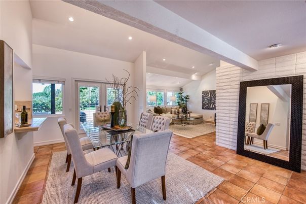 Dining room, Interior, Living room, Recessed Lighting, Stone Walls, Wooden Beams