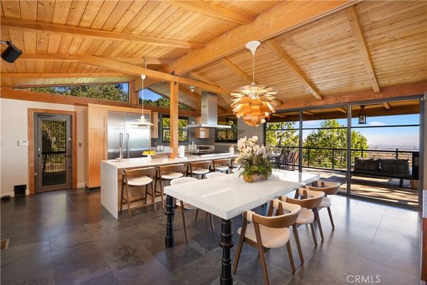 Dining room, Interior, Kitchen, Pendant Lights, Stainless Steel Appliances, Water, Wooden Beams, Wooden Ceilings