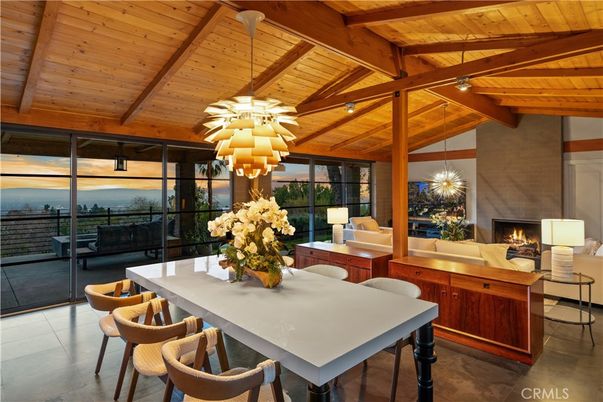 Dining room, Fireplace, Interior, Living room, Pendant Lights, Water, Wooden Beams, Wooden Ceilings