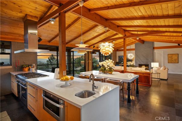 Dining room, Fireplace, Interior, Kitchen, Living room, Pendant Lights, Stainless Steel Appliances, Wooden Beams, Wooden Ceilings