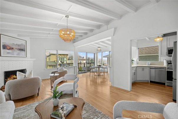 Chandelier, Dining room, Fireplace, Interior, Kitchen, Living room, Pendant Lights, Wood Texture Flooring