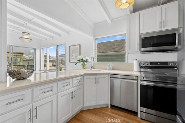 Interior, Kitchen, Pendant Lights, Stainless Steel Appliances, Wood Texture Flooring