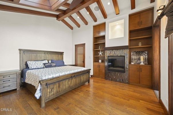 Bedroom, Fireplace, Interior, Recessed Lighting, Wooden Beams, Wood Texture Flooring