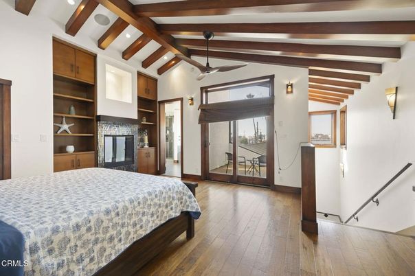 Bedroom, Fireplace, Interior, Recessed Lighting, Wooden Beams, Wood Texture Flooring
