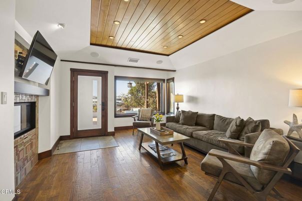 Fireplace, Interior, Living room, Recessed Lighting, Wooden Ceilings, Wood Texture Flooring