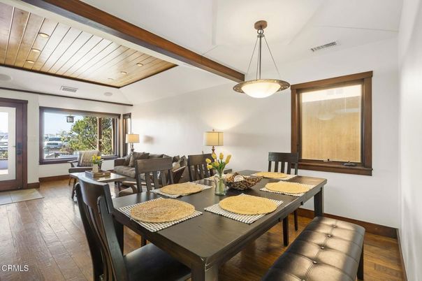 Dining room, Interior, Living room, Pendant Lights, Recessed Lighting, Wooden Beams, Wooden Ceilings, Wood Texture Flooring