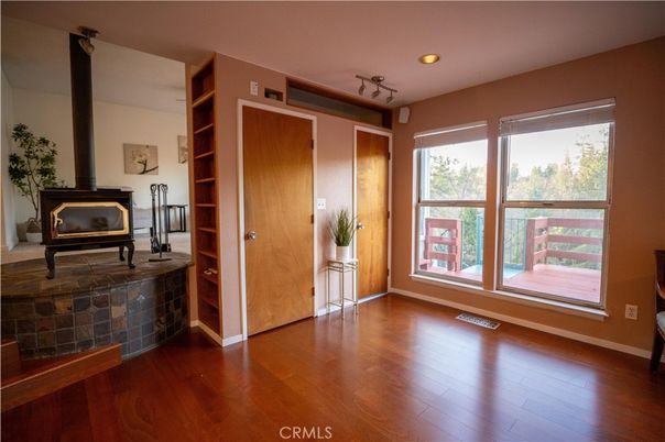 Empty room, Fireplace, Interior, Recessed Lighting, Wood Texture Flooring