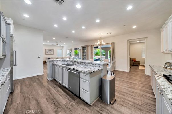 Chandelier, Interior, Kitchen, Recessed Lighting, Wood Texture Flooring