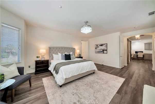 Bedroom, Chandelier, Interior, Wood Texture Flooring