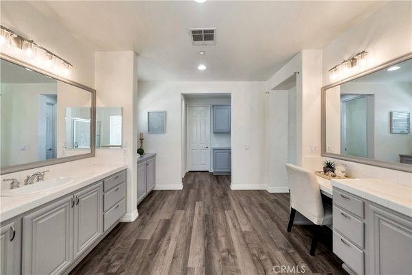 Bathroom, Dual Sink Vanities, Interior, Recessed Lighting, Tile Countertops, Wood Texture Flooring